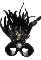 imagen ANTIFAZ CON PLUMAS NEGRAS CON BRILLANTES