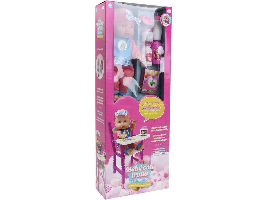 Bambola Bebè 30cm con seggiolone e accessori