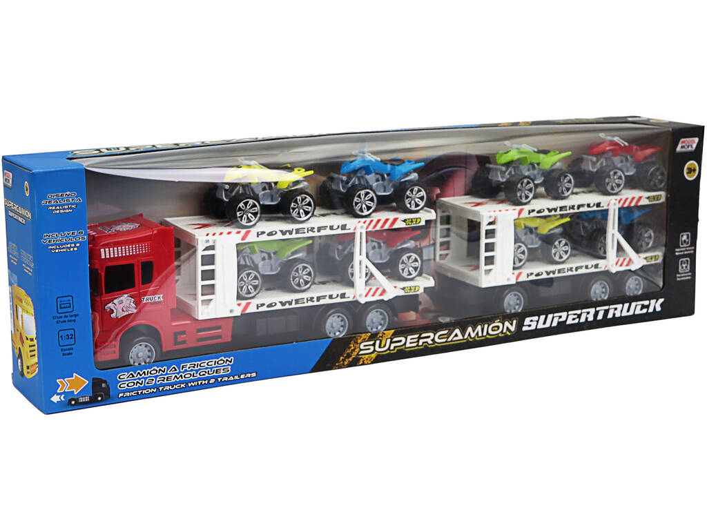 Camion à Friction Rouge avec 2 Remorques et 8 Quads