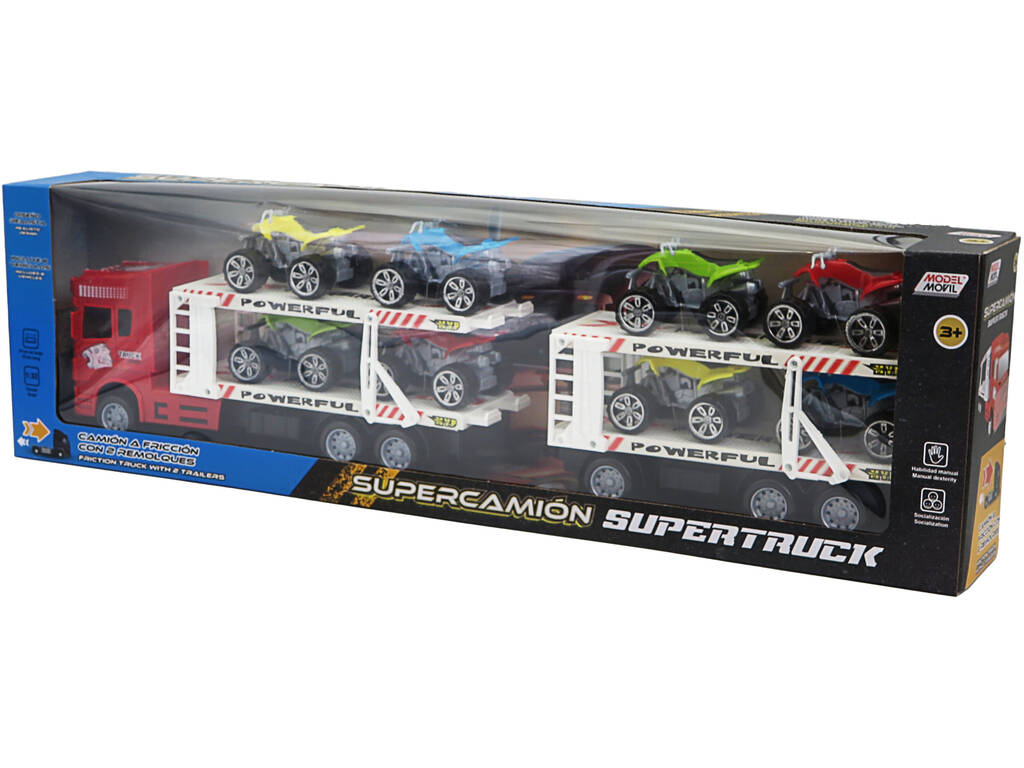 Camion à Friction Rouge avec 2 Remorques et 8 Quads