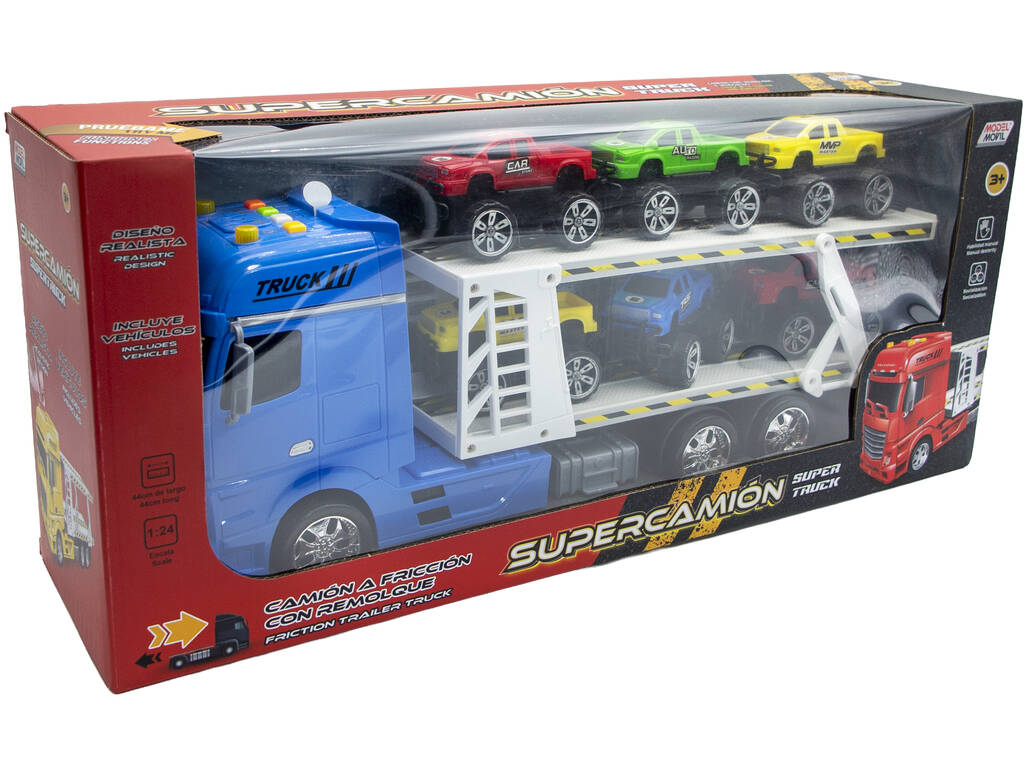 Camion Blu a frizione con rimorchio e 6 veicoli