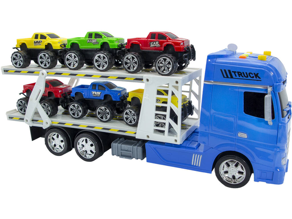 Camion Blu a frizione con rimorchio e 6 veicoli