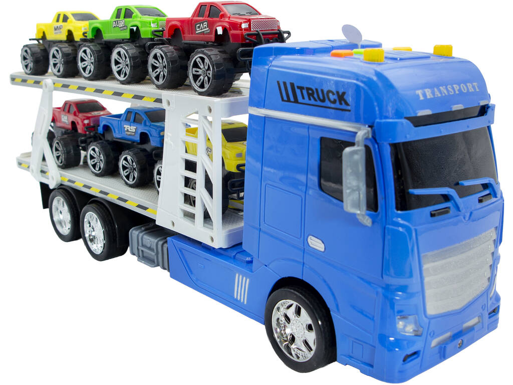 Camion Blu a frizione con rimorchio e 6 veicoli