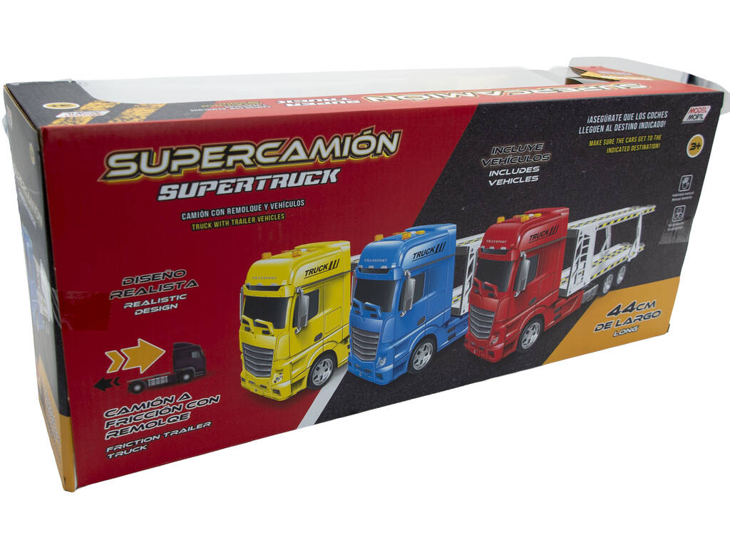 Camion Blu a frizione con rimorchio e 6 veicoli