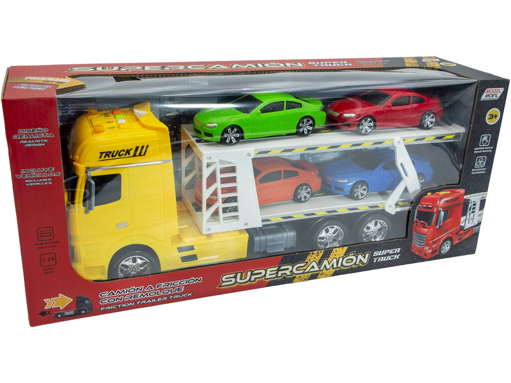 Camion giallo a frizione con rimorchio e 4 veicoli