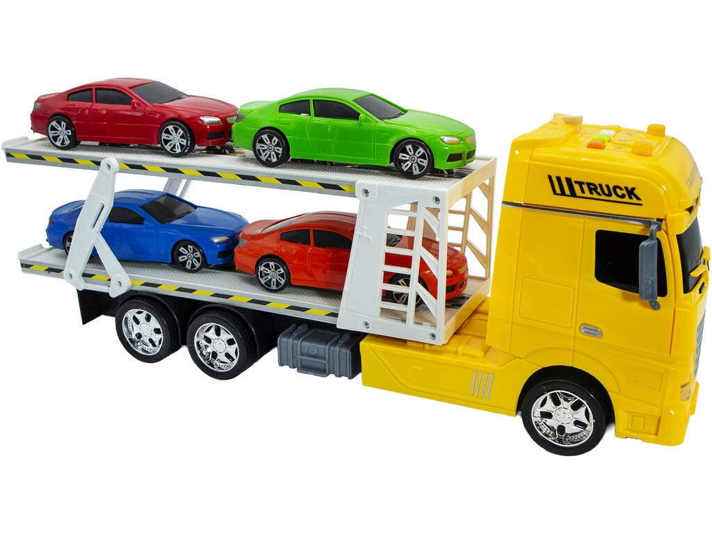 Camion giallo a frizione con rimorchio e 4 veicoli
