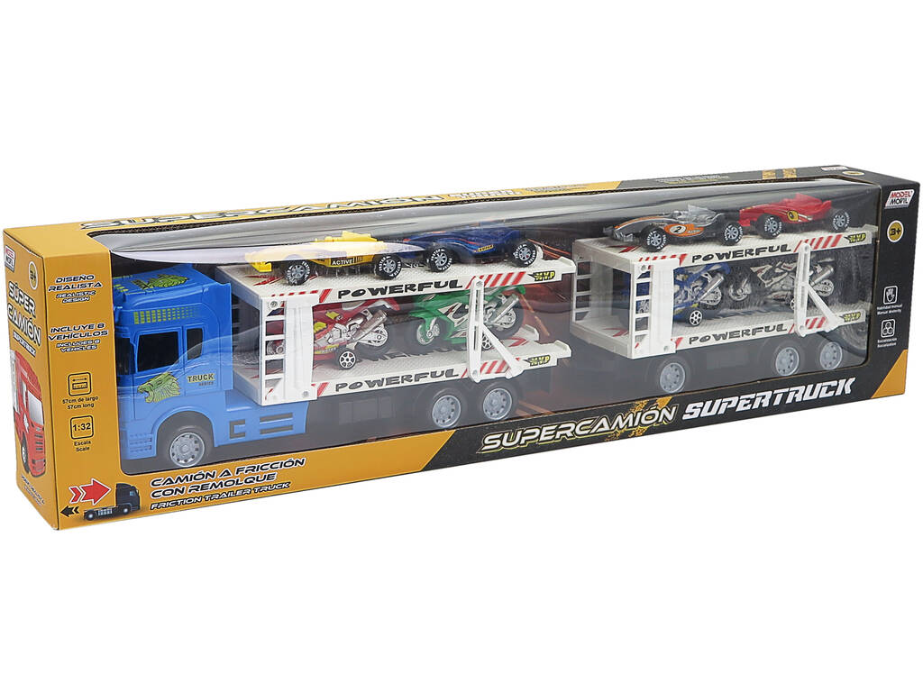 Camion Blu a Frizione con 2 rimorchi e 8 veicoli