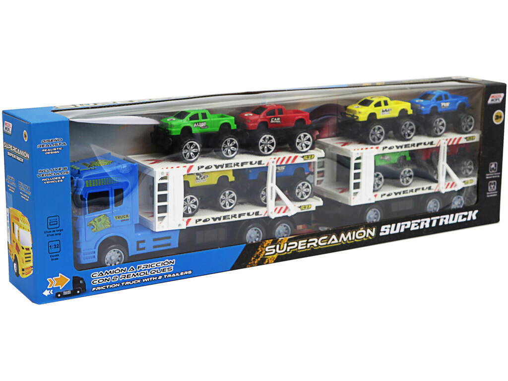 Camion Blu a Frizione con 2 rimorchi e 8 veicoli