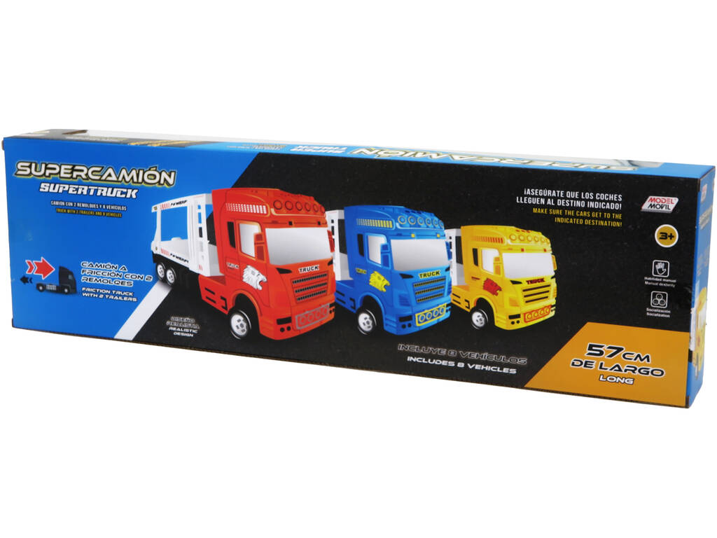 Camion Blu a Frizione con 2 rimorchi e 8 veicoli