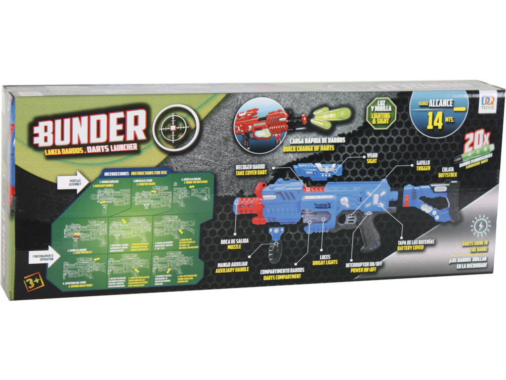 Lance-Fléchettes Bunder Assortiment 18 x 55 x 7 cm Avec 20 Fléchettes Fluorescentes