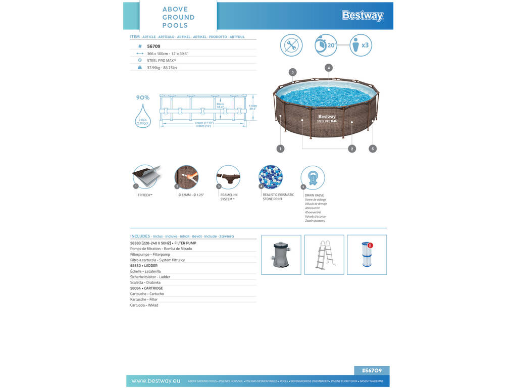 Piscina Fuori Terra 366x100 cm Steel Pro Max Deluxe Bestway 56709