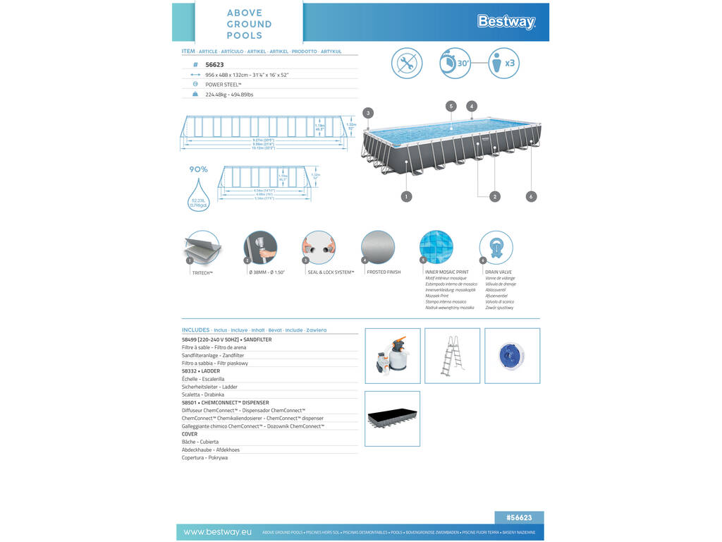 Piscine Hors Sol 956 x 488 x 132 cm Bestway 56623 