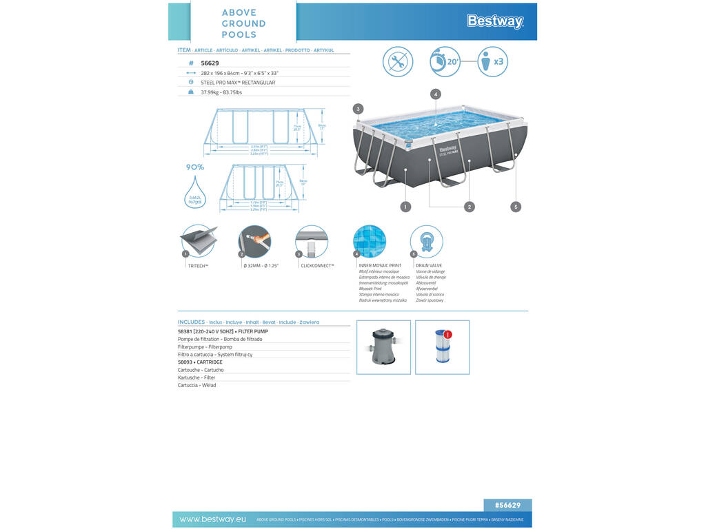 Piscine Hors Sol 282 x 196 x 84 cm Bestway 56629
