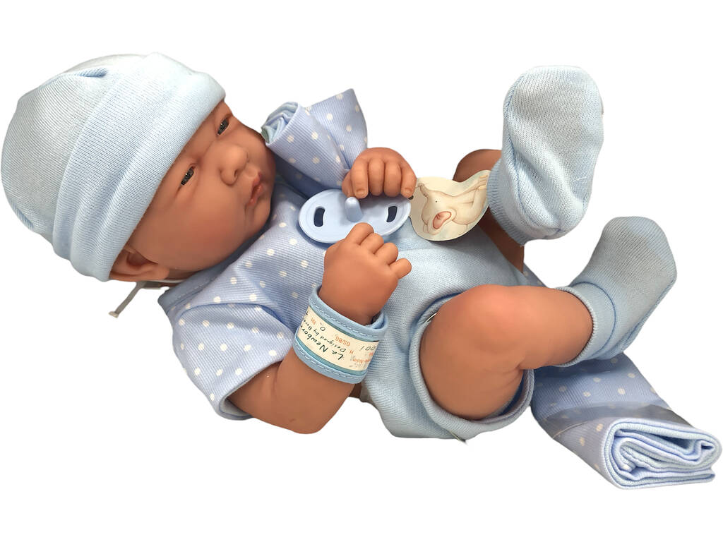 Pupazzo neonato 36 cm. Completino Puntini blu e coperta JC Toys 18540