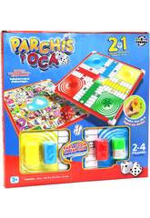 Parcheesi und Oca-Board mit Bechern und Karten