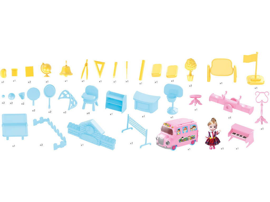 Playset Autobus Scolastico trasformabile 47 pezzi con Bambola 12 cm.