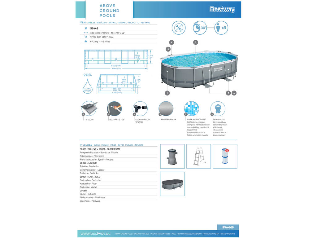 Abnehmbarer Oval Power Steel Pool 488x305x107 cm. Bestway 56448