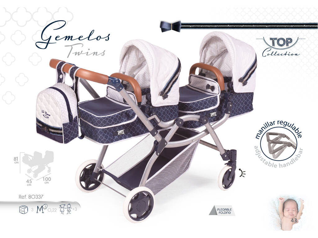 Poussette Jumelle Pliante Classic Romantic de Poupées De Cuevas 80337