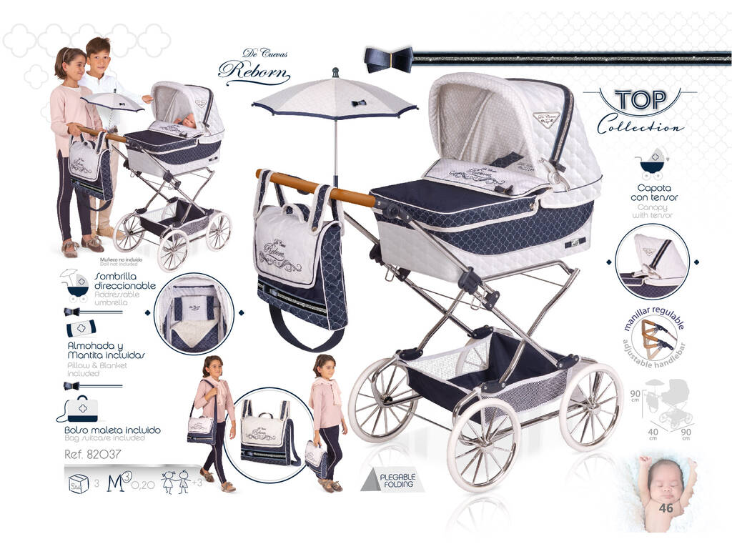 Chariot de Poupée Reborn Classic Romantic Pliant avec Parasol DeCuevas 82037