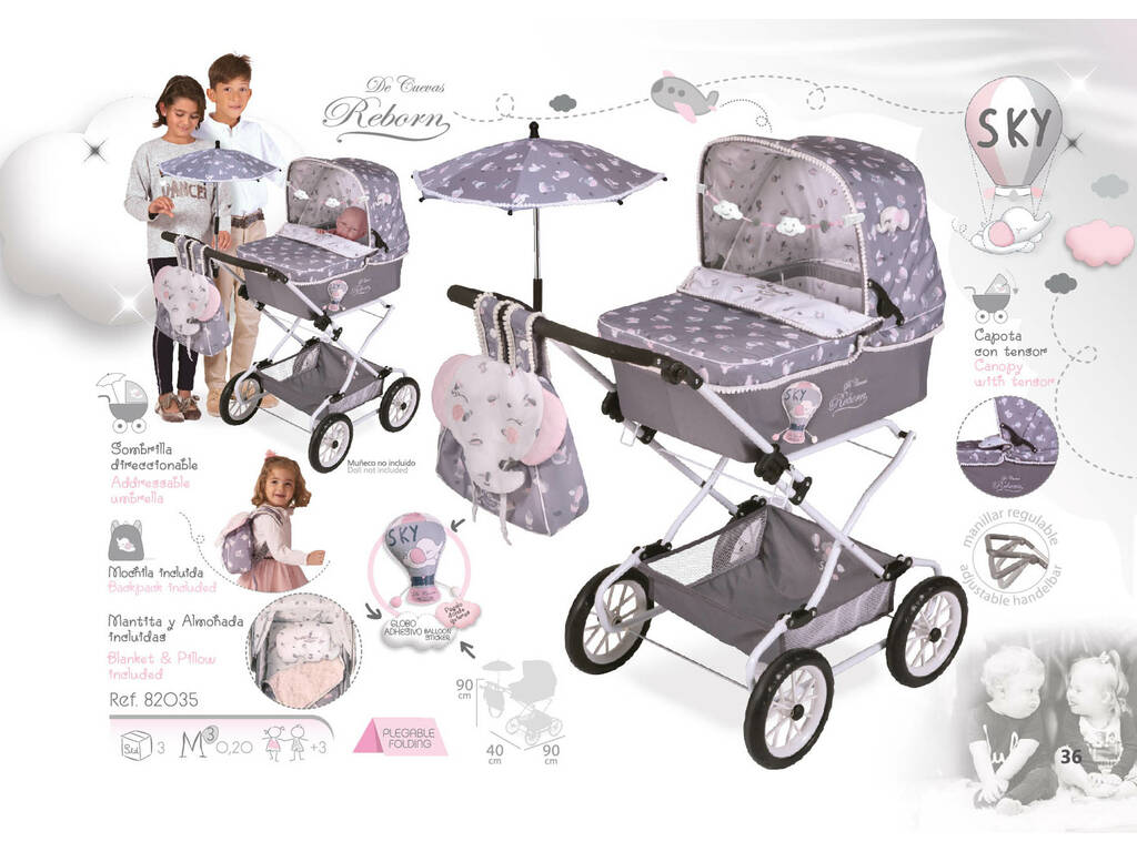 Poussette de Poupées Reborn Pliante avec Ombrelle Sky De Cuevas 82035