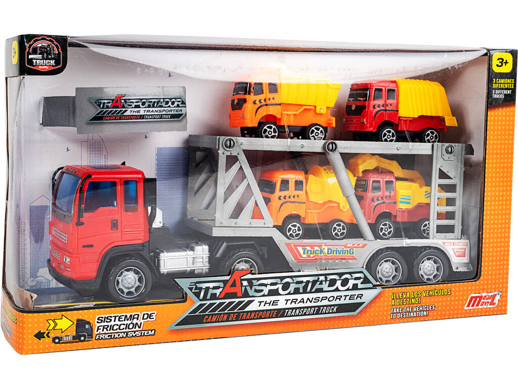 Camion de Friction Rouge 29 cm. Porte-véhicules avec 4 Véhicules de Construction