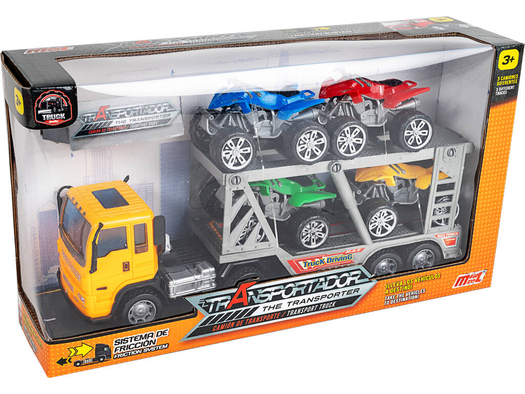 Camion de Friction Jaune 29 cm. Porte-véhicules avec 4 Quads
