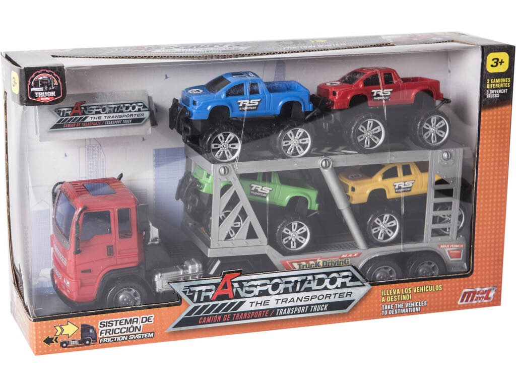 Camion de Friction Jaune 29 cm. Porte-voitures avec 4 Jeeps 10 cm.