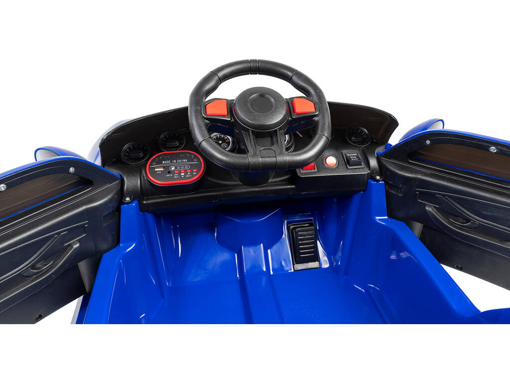 Voiture de Sport à Batterie Télécommandée De Couleur Bleue avec des Lumières et de la Musique 6V. Télécommande