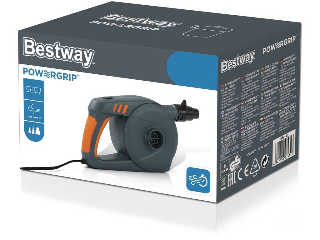 Gonfiatore Elettrico 220-240V con 3 Adattatori AC Powergrip Bestway 62145
