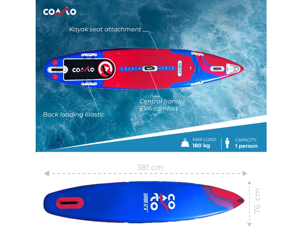 Coasto Turbo Planche de Padelsurf gonflable 381x76x15 cm