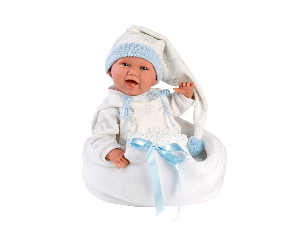 Bambola Mimo Sorrisi con culla Cicogna Blu 42 cm. Llorens 74005