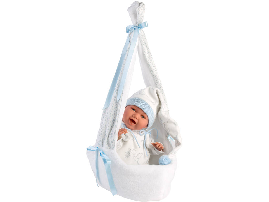 Bambola Mimo Sorrisi con culla Cicogna Blu 42 cm. Llorens 74005