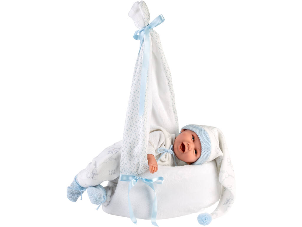 Bambola Mimo Sorrisi con culla Cicogna Blu 42 cm. Llorens 74005