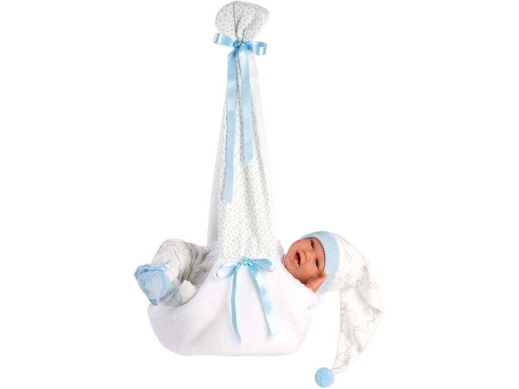 Bambola Mimo Sorrisi con culla Cicogna Blu 42 cm. Llorens 74005