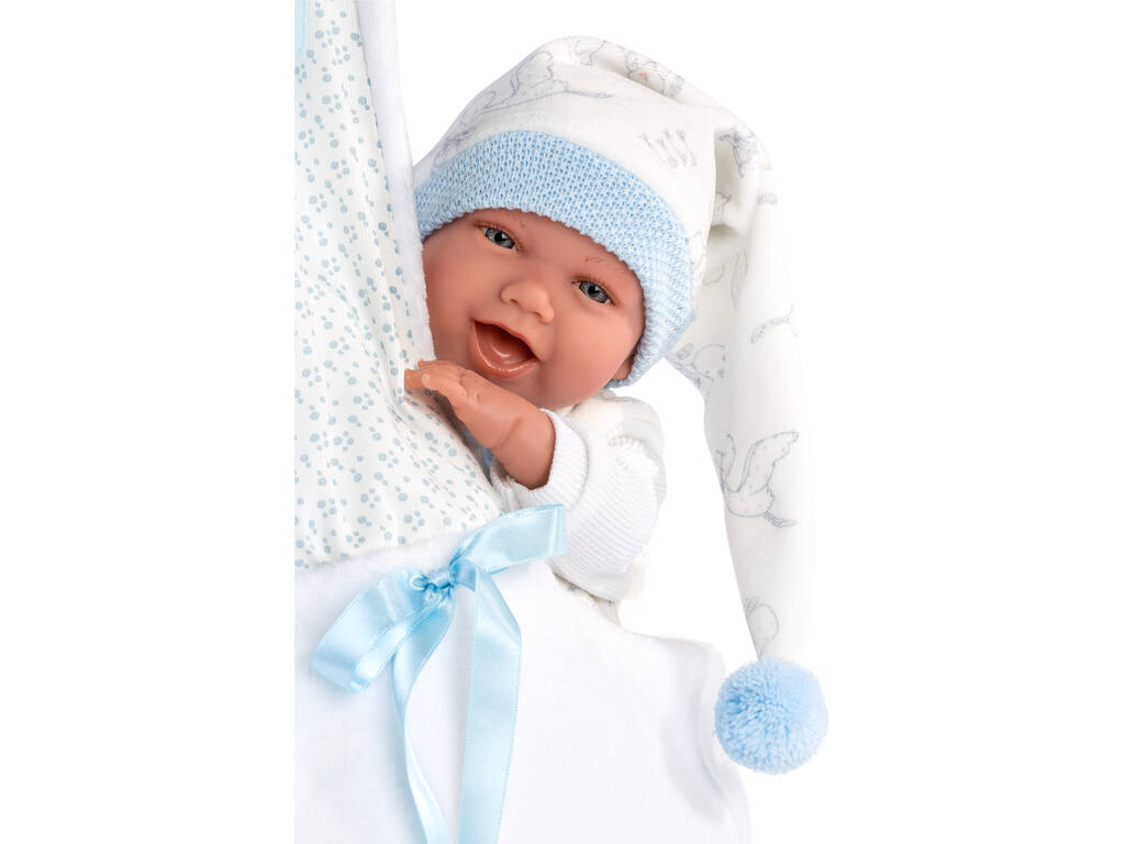 Bambola Mimo Sorrisi con culla Cicogna Blu 42 cm. Llorens 74005