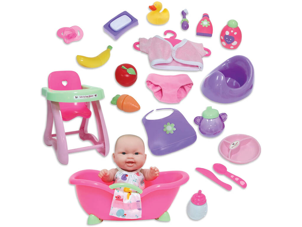 Bambola 26 cm. + Set regalo con vasca da bagno, seggiolone e 20 accessori