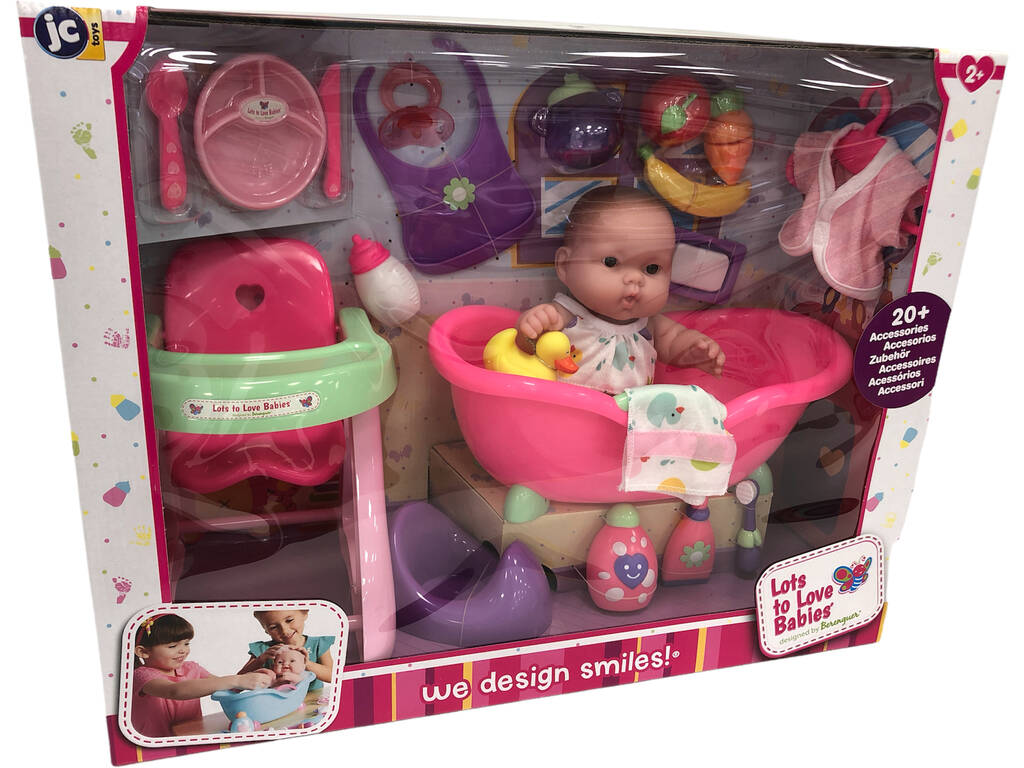 Bambola 26 cm. + Set regalo con vasca da bagno, seggiolone e 20 accessori