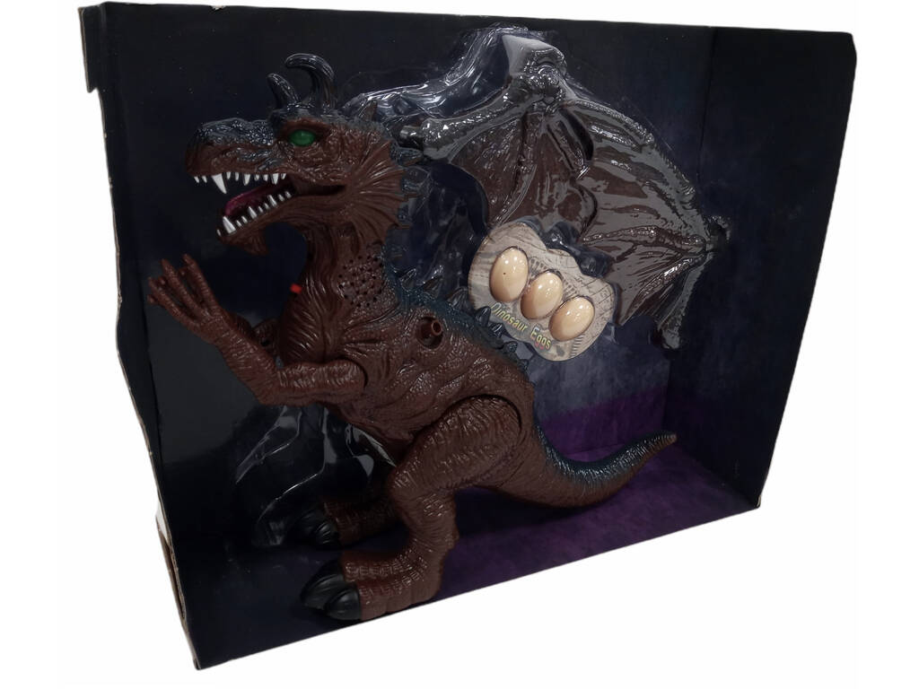 Dinosauro marrone camminante con luce, suono e 3 uova