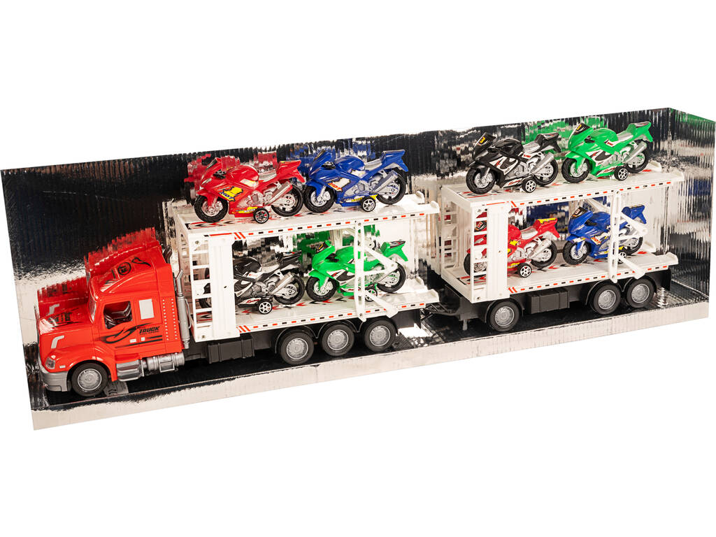 Camion moto rouge avec remorque et 8 motos