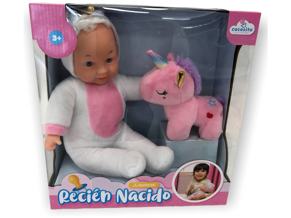 Boneca Bebé 33 cm. Pijama Blanco com Unicórnio Rosa