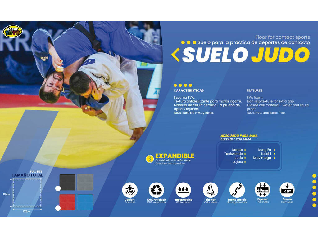 Carreau de sol pour judo 102x102x4 cm Noir Gris Dureté 35°.