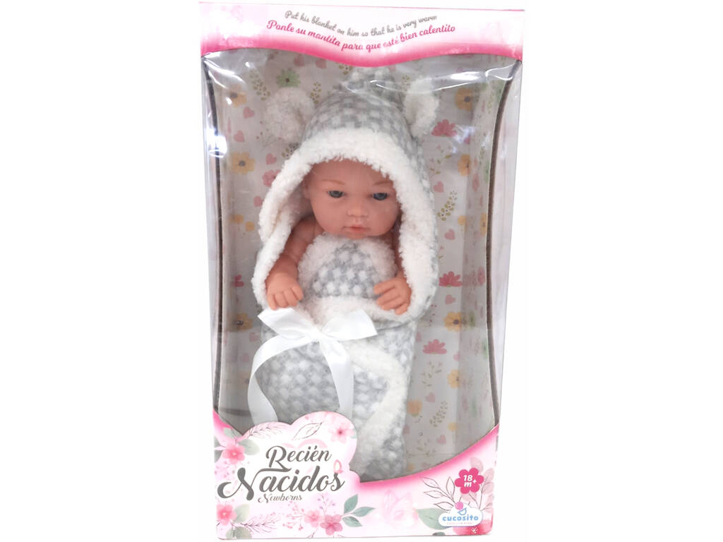 Poupée bébé 28 cm avec couverture grise