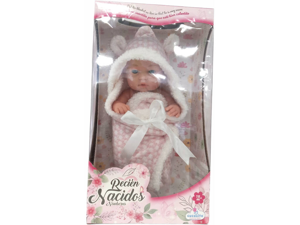 Poupée bébé 28 cm avec couverture rose