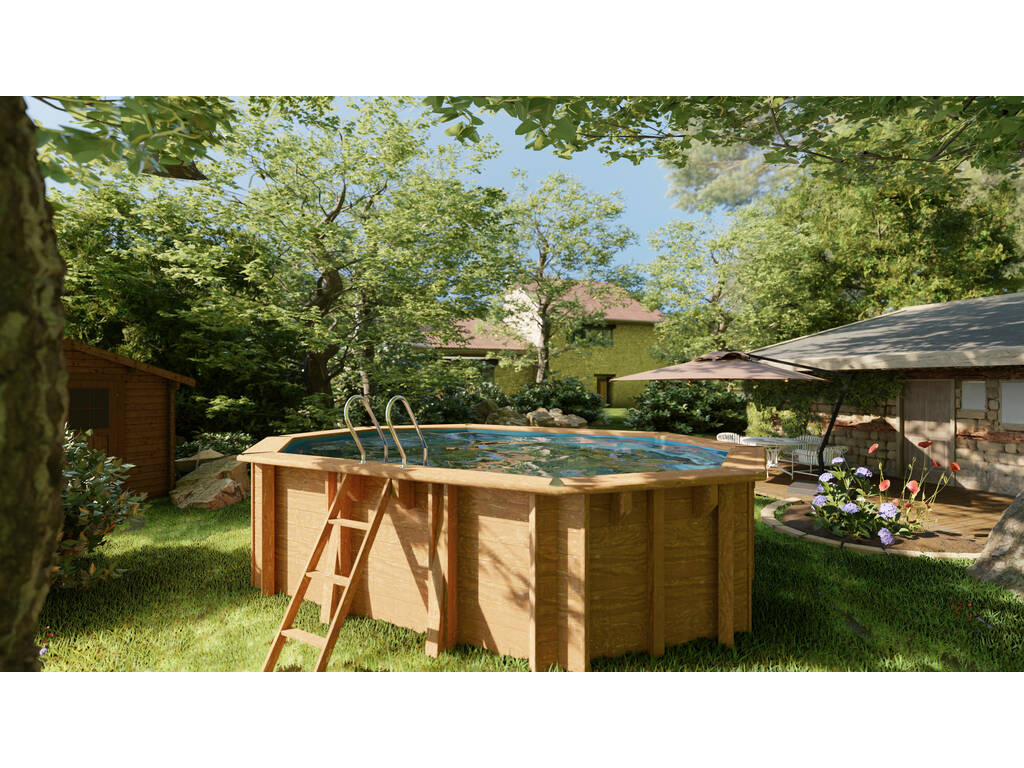 Piscina ovale in legno Safran 2 620x395x136 cm. e piattaforma in legno Gre DECKSAFRAN2