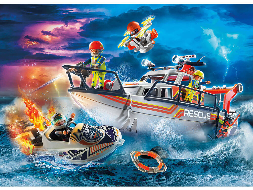 Playmobil Sea Rescue Sea Rescue Operation Fire Fighting With Rescue Yacht 70140