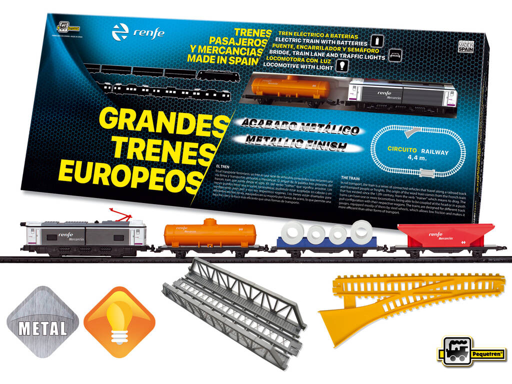 Treno merci Renfe metallizzato con luce, ponte e bobina Pequetren 526