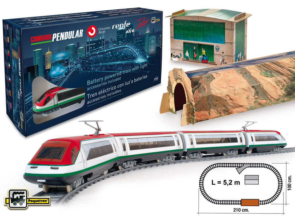 Pequetren 406 Combo Train pendulaire avec enrouleur, gare et tunnel de chemin de fer
