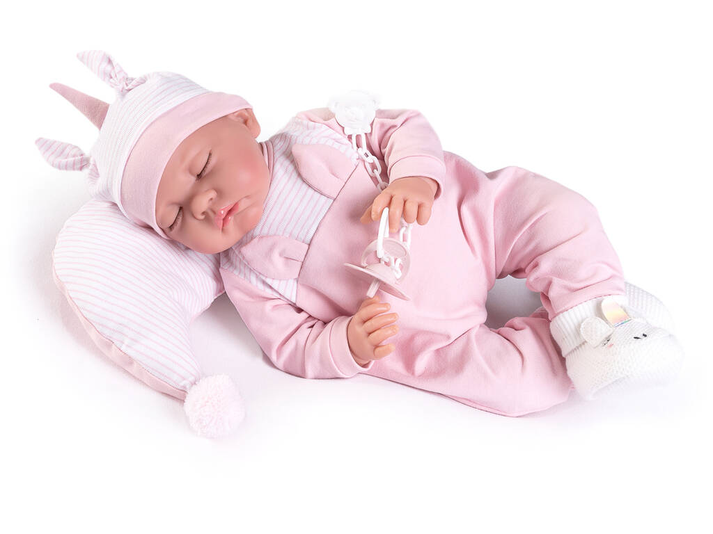 Poupée nouveau-né Luna Dormidita 42 cm. avec coussin et chaussons licorne Antonio Juan 33227