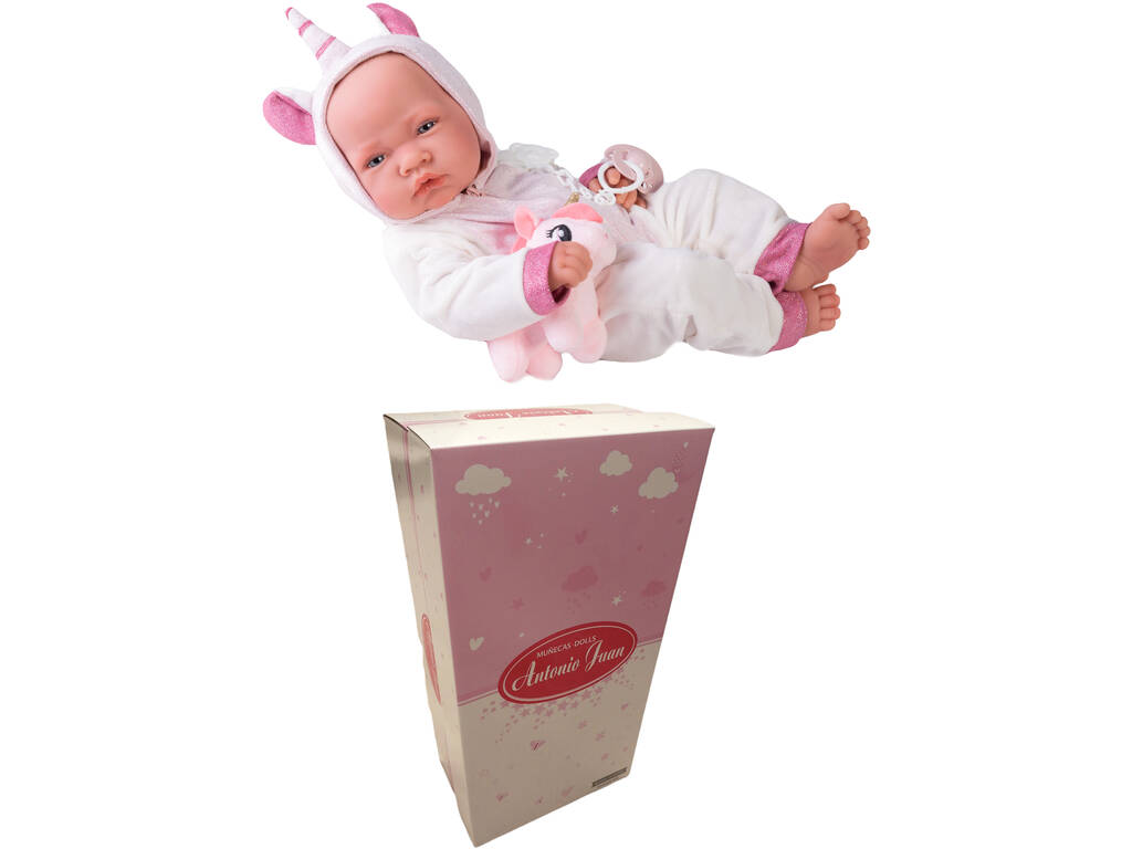 Bambola neonata con costume da unicorno 42 cm. Antonio Juan 50268
