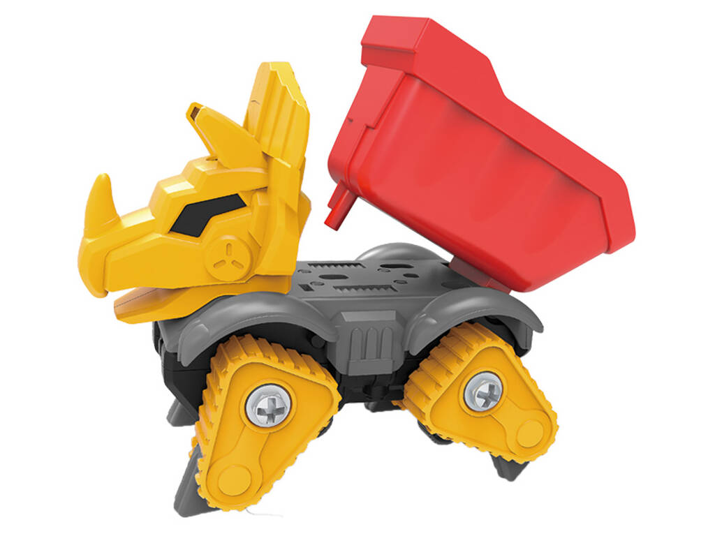 Costruisci il tuo Dino Dumper rosso, giallo e grigio con gli attrezzi